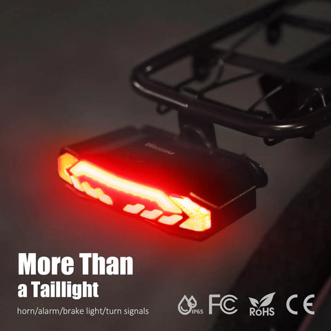 Smart Bike Tail Light For Cargo Rack With Turn Signals And Brake Light Auto On Off USB Rechargeable Wireless Remote Horn Alarm Anti Theft Vibration Sensor Rear Bicycle Light With Rack Mount For Night Riding on cargo rack, red LED rear view