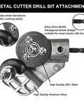 Close-up of Electric Drill Plate Cutter Attachment with alloy drive shafts and serrated wheels, detailed view of metal nibbler tool.
