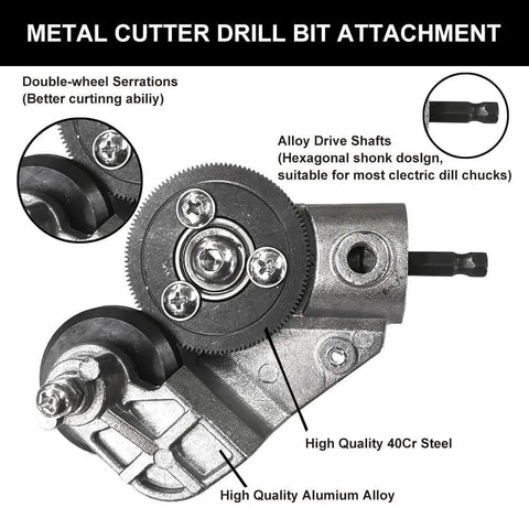 Close-up of Electric Drill Plate Cutter Attachment with alloy drive shafts and serrated wheels, detailed view of metal nibbler tool.