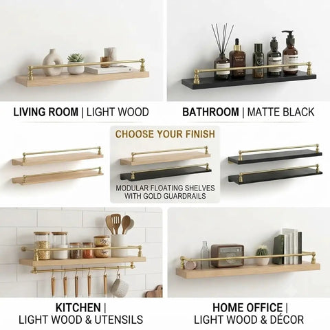Modular floating shelves with gold guardrails, part of Three Pack Gold Tone Brass Shelf Rails and Brackets Kit for decor