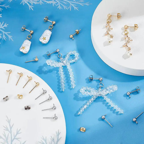 304 Stainless Steel Earring Posts 20 Pairs Flat Back Stud Posts With Loop Ball Ear Pins And Butterfly Backs For DIY Jewelry Making Size About 16Mm Long 7Mm Wide 2Mm Hole, assorted earring posts and dangle studs