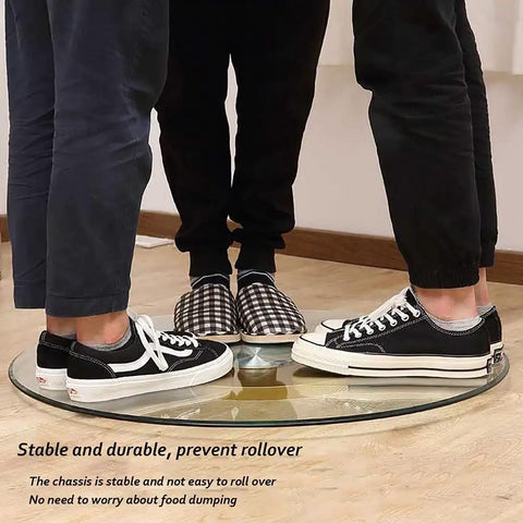 Round Tempered Glass Lazy Susan Turntable With Large Aluminum Base shown under weight of people standing on it