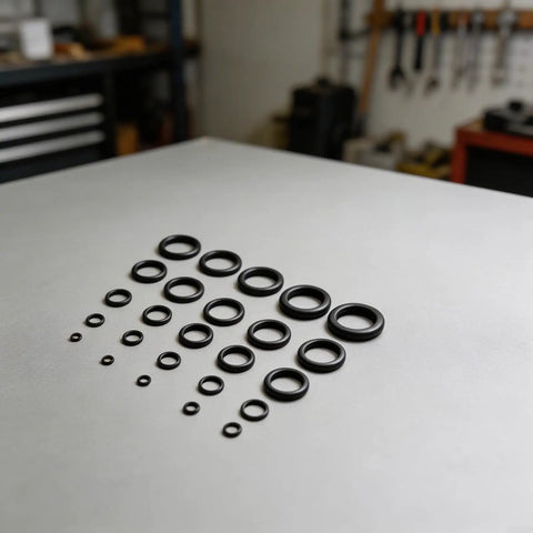 Assorted sizes of 1500 Piece Nitrile O Ring Kit For Auto And Home Use High Temp Sealing Washers on a workshop table.