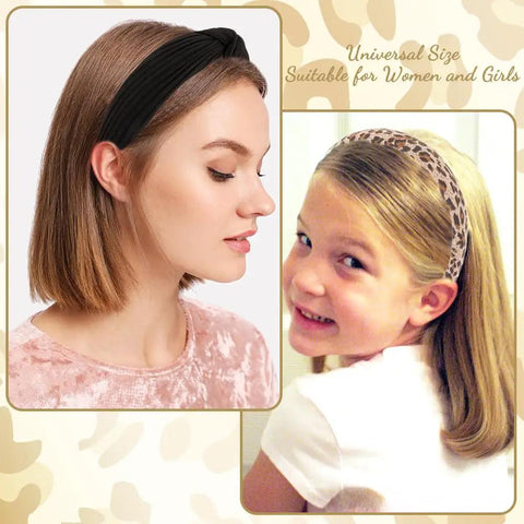 Snag These 7 Pack Of Ultra Comfy Headbands For Women Mixing Neutral Solid Knotted Padded Styles With Pearl Accents Soft Durable Daily Wear Essentials To Upgrade Any Fit. Two models wearing headbands, one in black, one in leopard print.