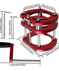 Heavy Duty Router Table Lift With Killer Four Jaw Clamping For 65 Millimeter Motors Offering Dead Precise Two Inch Height Adjustment for setup dimensions, red metal design.