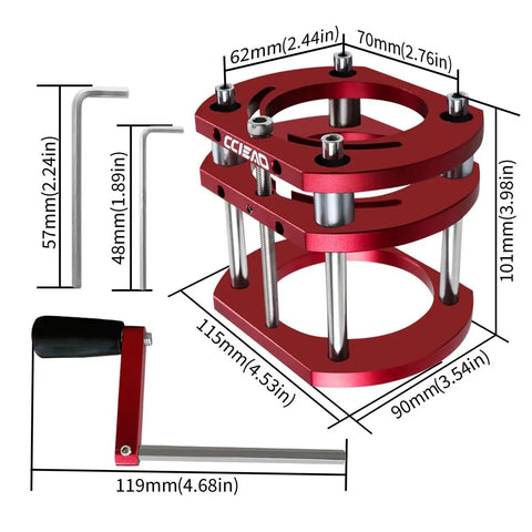 Heavy Duty Router Table Lift With Killer Four Jaw Clamping For 65 Millimeter Motors Offering Dead Precise Two Inch Height Adjustment for setup dimensions, red metal design.
