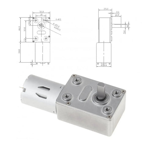 Heavy Duty 12V DC Worm Geared Motor Delivers Badass Torque And Smooth Adjustable Speed Up To 160 RPM top view with detailed dimensions.