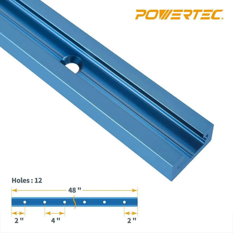 Close-up of blue 48-inch aluminum T-track from Double-Cut Universal T-Track And Intersection Kit for drill press table and workbench.