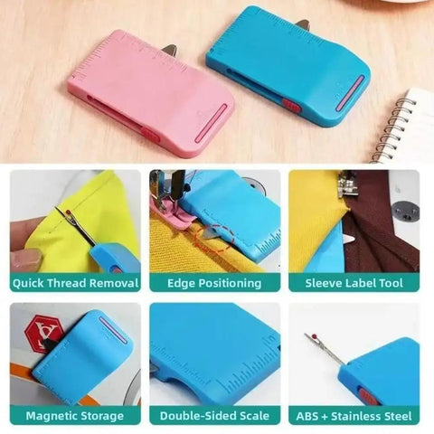 Magnetic Seam Guide for Sewing Machine Handy Hemmer Guide With Scale showcased in blue and pink with usage examples