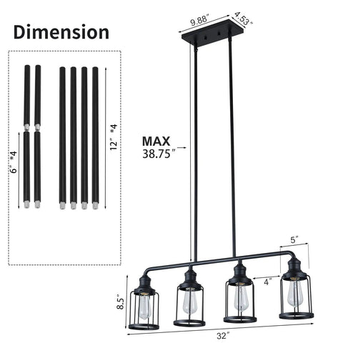 4 Light Cage Pendant Kitchen Island Light, Linear Black Metal Fixture dimensions, modern farmhouse chandelier with adjustable stems.
