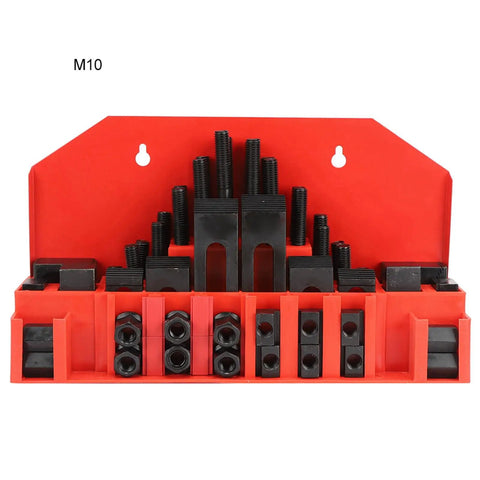 58 Piece T Slot Clamp Set For Milling Machines Pro Grade Engineer Clamp Kit M10 shown on red wall frame holder