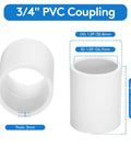 3/4 inch PVC coupling dimensions, showing outer diameter, inner diameter, and thickness, from 20 Pack 3/4 Inch PVC Coupling Fittings Socket To Socket Schedule 40 For Plumbing And Irrigation, No Fuss Slip Socket Design, Center Connection Joints, Durable Plastic Pipe Hardware.