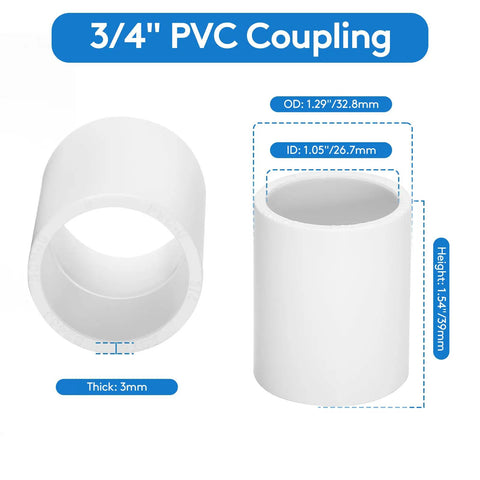 3/4 inch PVC coupling dimensions, showing outer diameter, inner diameter, and thickness, from 20 Pack 3/4 Inch PVC Coupling Fittings Socket To Socket Schedule 40 For Plumbing And Irrigation, No Fuss Slip Socket Design, Center Connection Joints, Durable Plastic Pipe Hardware.