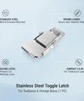 Stainless Steel Toggle Latch 2.6 Inch For Toolboxes And Storage Cases With Spring Loaded Catch, illustrated product features
