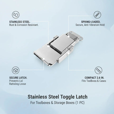 Stainless Steel Toggle Latch 2.6 Inch For Toolboxes And Storage Cases With Spring Loaded Catch, illustrated product features
