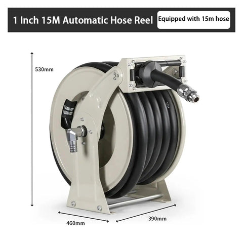 One Inch Heavy Duty Automatic Hose Reel Built Tough As Nails For Grip And Go Water Retrieval Plus Hassle Free Rolling Back On Any Job Site Setup with 15m hose.