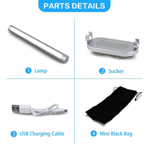 Parts of Portable Vanity Light USB Rechargeable Makeup Lamp With Realistic Daylight 3 Brightness Levels, including lamp, sucker, USB cable, bag