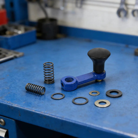Heavy Duty Rotary Tiller Handle Attachment Two Pack With Manual Hand Crank Lift pieces on workbench