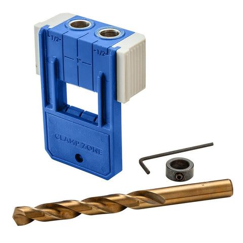 One Half Inch Doweling Jig Kit With Drill Bit And Stop Collar for Rock Solid Joints shown with included hex wrench and components.