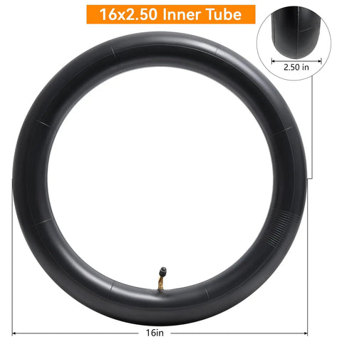 Heavy Duty 16x2.50 Replacement Butyl Inner Tube For 16 Inch Wheels With Bent CR202 Valve, showcased with measurement, side view