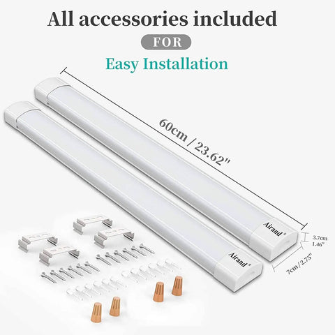 Two Pack LED Shop Light 2ft 18W 5000K Utility Garage Lighting With IP66 Protection featuring accessories for easy installation