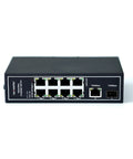 Front view of 10 Port PoE Gigabit Unmanaged Industrial Ethernet Switch with DIN Rail or wall mount, showing 8 PoE and 2 non-PoE ports.
