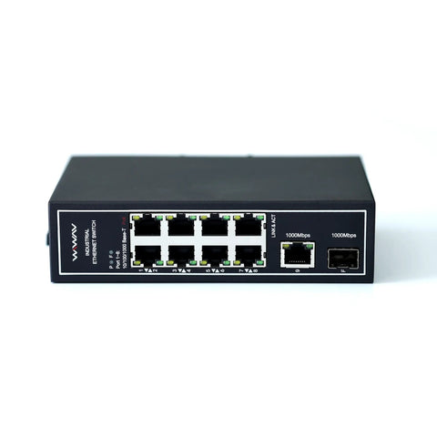 Front view of 10 Port PoE Gigabit Unmanaged Industrial Ethernet Switch with DIN Rail or wall mount, showing 8 PoE and 2 non-PoE ports.