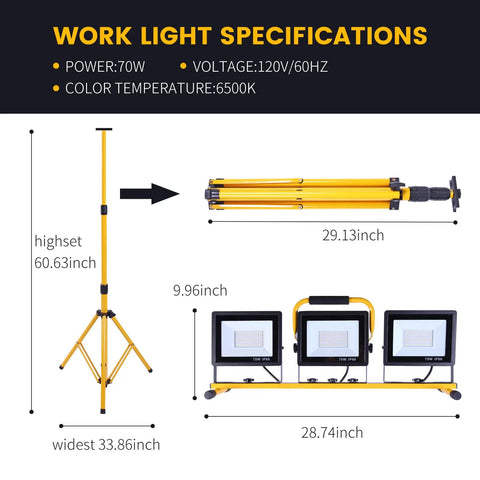 Ultra Bright 30000 Lumen LED Work Light With Stand And 3 Adjustable Heads Foldable Tripod Waterproof Lamp dimensions diagram