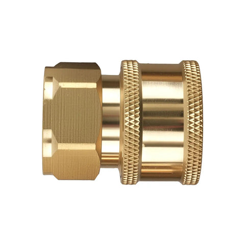 Side view of brass quick-connect fitting for Two Gun Pressure Washer Splitter Tee, Three Eighth Inch Brass Quick Connect Fitting, Convert A Single Washer Into A Dual Gun System For Big Driveways, Siding, And Commercial Jobs.