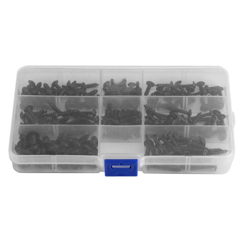 Pro Grade 200 Pcs Carbon Steel Self Tapping Screws Kit with Black Round Head in Plastic Storage Case