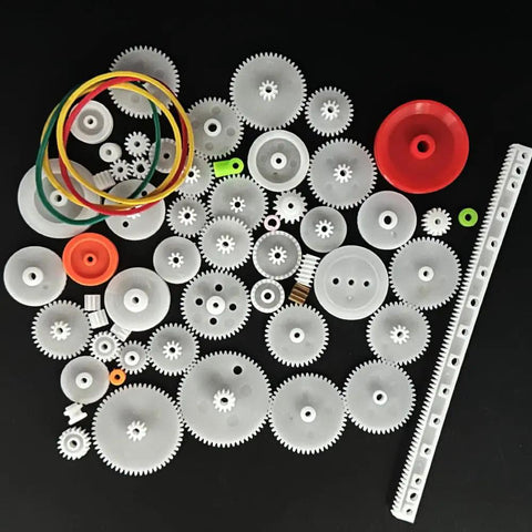 60 Piece Plastic Gear Kit For DC Motors And RC Cars Belt Pulleys Spindle Gears Crown Gears Racks And More DIY Gear Replacement Set