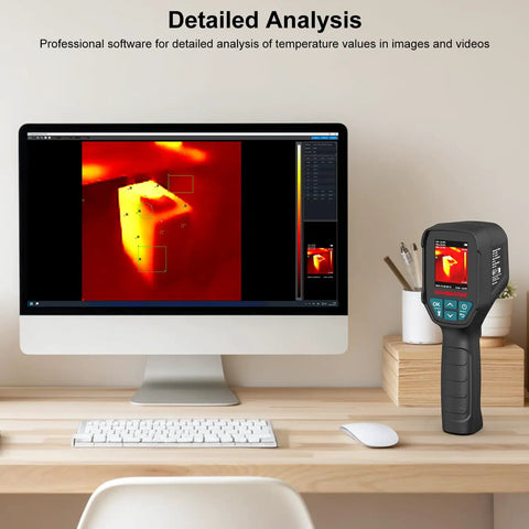 Thermal Imager With TISR 240 By 240 For Pro Grade Sharper Detail 96 By 96 VOx Sensor beside computer displaying thermal image.