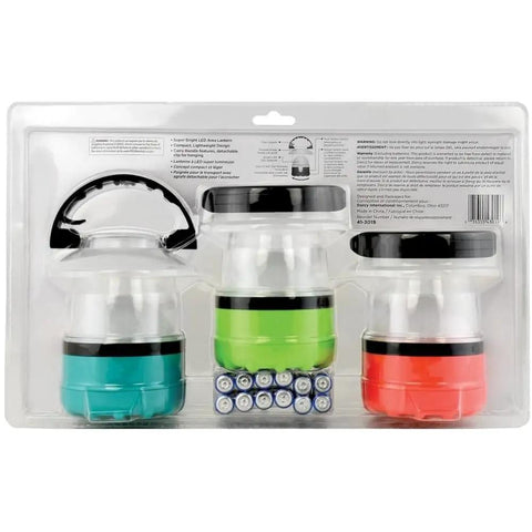 Back view of 4 LED Mini Lanterns Set, 3 Pack With Hanging Hooks And Batteries Included, Assorted Colors, in packaging with 12 batteries