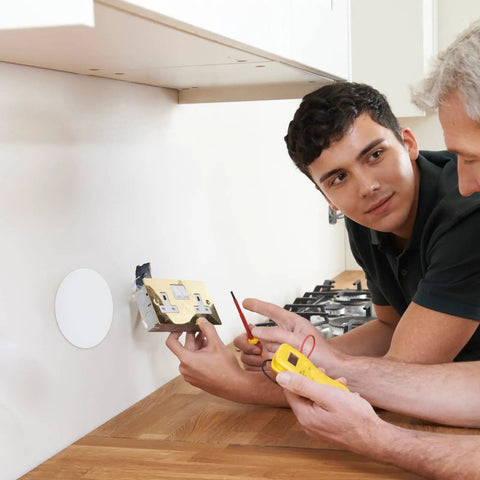 Men working on wall near Six Pack Ceiling Hole Cover Plates With Forty Eight Double Sided Adhesive Tapes White 5 Inch Plastic Blank Covers
