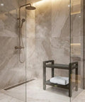 24 Inch Teak Shower Bench With LiftAide Arms, Waterproof Brown Teak Wood Stool Seat For Inside Shower in marble bathroom