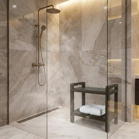 24 Inch Teak Shower Bench With LiftAide Arms, Waterproof Brown Teak Wood Stool Seat For Inside Shower in marble bathroom