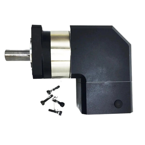 Right Angle Planetary Gearbox With Ratios 3 To 100 To 1 For Quick DC Motor Hookups featuring a steel alloy frame and gear output.