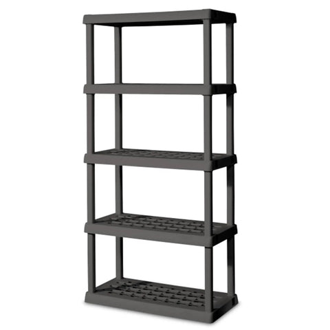 Hustle Proof Five Shelf Heavy Duty Plastic Storage Rack With Ventilated Perforated Shelves Holding Up To One Hundred Fifty Lbs Per Level For Garage Basement Project Organization