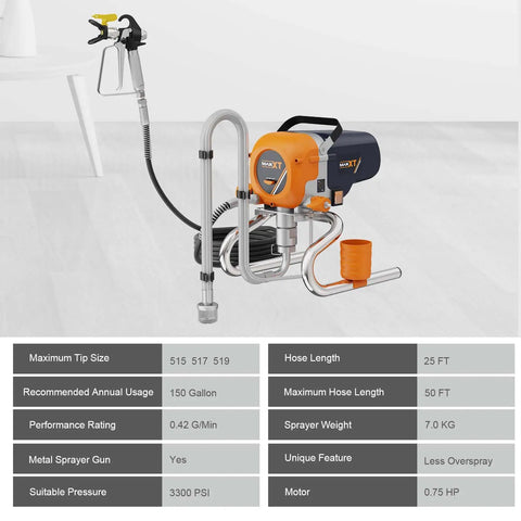 Heavy Duty Airless Paint Sprayer With Stand 3300 Psi Motorized Spray Machine features a metal gun and 25 ft hose length.