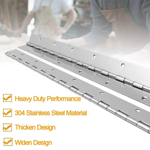 Premium 6 Inch Heavy Duty Piano Hinge Set Built Tough From 304 Stainless Steel With A 1 2 Inch Span showing hinges and assembly holes.
