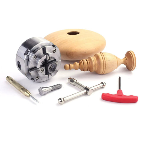 Beefy 3.75 Inch 4 Jaw Self Centering Scroll Chuck for Wood Lathe with 1 Inch 8 TPI Thread and turning tools kit displayed.