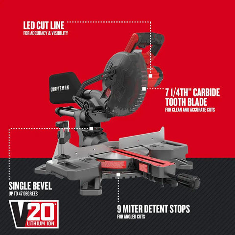 V20 Cordless Sliding Miter Saw 7 1 4 Inch With Single Bevel Includes Battery And Charger 3800 RPM Motor For Fast Clean Cuts Through Lumber Hardwood Trim And Baseboard Built Heavy Duty For Beast Mode Woodwork