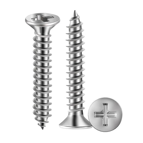 Straight Up Hella Durable 200 Pack Flat Head Self Tapping Stainless Steel Screws Low Profile Countersunk Design for Thin Boards showing two screws and a driver bit.