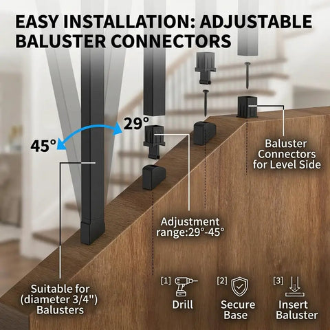 120 Pack 26 Inch Square Aluminum Deck Balusters Black Metal Deck Spindles with connectors for level and stair railing on wood deck