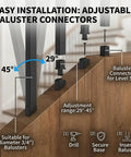 Adjustable angle connectors for Pro Grade 120 Pack 26 Inch Square Aluminum Deck Balusters In Slick Black with 29-45 degree range.
