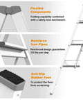 Diagram of Three Step Aluminum Folding Ladder With Wide Anti Slip Pedals, 330 Lb Capacity, safety lock, reinforced design, rubber feet.