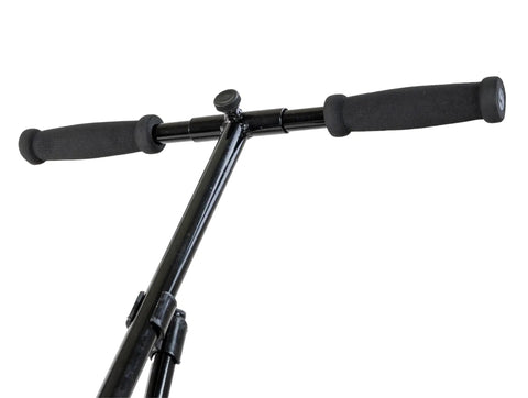 Handlebar of Walk Behind Garden Push Seeder Planter With Six Seed Plates For Up To 20 Varieties, showing powder coated steel frame.