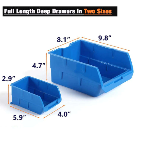 Wall Mount Tool Organizer With Ten Bins And Three Rails Space Saving Wall Storage Bins For Tools And Small Parts Ideal For Screws Nuts Bolts Sockets Hammers And More Durable Blue Finish, showing blue bins in two sizes with measurements: large bin 9.8x8.1x4.7 inches, small bin 5.9x4.0x2.9 inches.