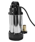 Tough Workhorse Stainless Steel Submersible Sump Pump With 300W DC 12V Motor And Long Cord, compact design for water drainage.