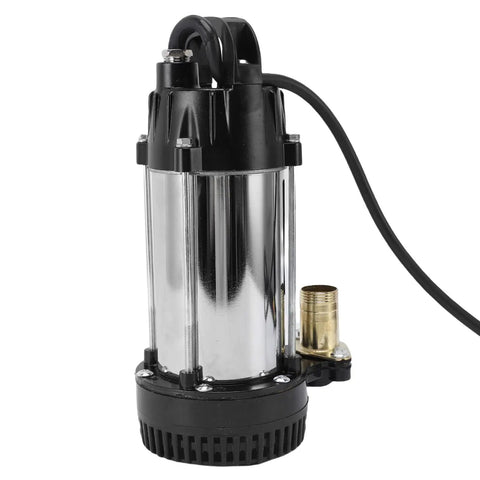 Tough Workhorse Stainless Steel Submersible Sump Pump With 300W DC 12V Motor And Long Cord, compact design for water drainage.